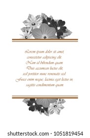An elegant frame of flowers in monochrome colors. For your postcard design, greeting cards for wedding, birthday and more. Vector illustration.