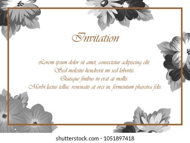 An elegant frame of flowers in monochrome colors. For your postcard design, greeting cards for wedding, birthday and more. Vector illustration.