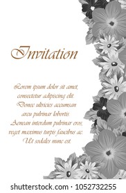 An elegant frame of flowers in monochrome colors. For your postcard design, greeting cards for wedding, birthday and more. Vector illustration.