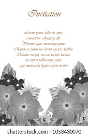 An elegant frame of flowers in monochrome colors. For your postcard design, greeting cards for wedding, birthday and more. Vector illustration.