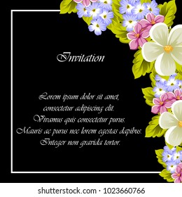 elegant frame of flowers on a black background. For the design of cards, invitations, greeting cards, fabrics, banners. For birthday, wedding, party, Valentine's day, holiday. Vector illustration