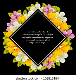 elegant frame of flowers on a black background. For the design of cards, invitations, greeting cards, fabrics, banners. For birthday, wedding, party, Valentine's day, holiday. Vector illustration