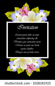 elegant frame of flowers on a black background. For the design of cards, invitations, greeting cards, fabrics, banners. For birthday, wedding, party, Valentine's day, holiday. Vector illustration