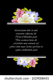elegant frame of flowers on a black background. For the design of cards, invitations, greeting cards, fabrics, banners. For birthday, wedding, party, Valentine's day, holiday. Vector illustration