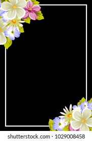 elegant frame of flowers on a black background. For the design of cards, invitations, greeting cards, fabrics, banners. For birthday, wedding, party, Valentine's day, holiday. Vector illustration