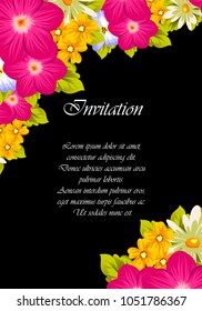 elegant frame of flowers on a black background. For your design of cards, invitations, greeting cards, banners. Vector illustration
