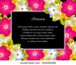 elegant frame of flowers on a black background. For your design of cards, invitations, greeting cards, banners. Vector illustration