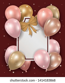 elegant frame with golden bow and balloons helium