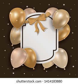 elegant frame with golden bow and balloons helium