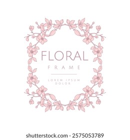 Elegant Frame with hand drawn spring blooming branches, leaves and pink flowers. Vintage wreath. Vector illustration for label, branding, wedding invitation, card, save the date, logo