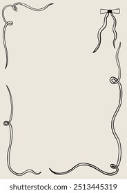An elegant frame illustration featuring decorative ribbons and a bow, perfect for invitations, certificates, or holiday cards. Simple black and white design for versatile use.