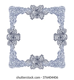 elegant frame with irises in vintage Art Nouveau style