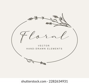 Elegant frame with lavender flowers. Hand drawn vector logo element for wedding invitation, save the date card, label, corporate identity