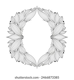 Elegant frame for logo, emblem design, coloring book mandala made of leaves with space for text. Vector line illustration. Design for stamp, tattoo, wedding invitation.