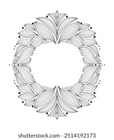 Elegant frame for logo, emblem design, coloring book mandala made of leaves with space for text. Vector line illustration. Design for stamp, tattoo, wedding invitation.