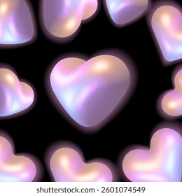 Elegant frame made of iridescent 3D hearts with a soft glow on a black background. The 3D holographic effect creates a romantic and modern aesthetic.Vector illustration