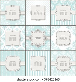 Elegant frame on pattern set in pastel blue. Vintage templates.