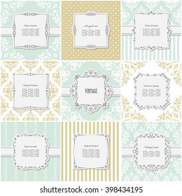 Elegant frame on pattern set in golden and blue trendy colors. Templates for wedding or scrapbook design.
