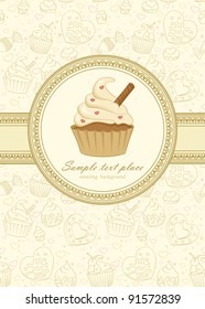 Elegant frame on seamless wallpaper with cupcake