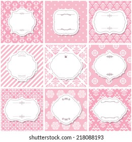 Elegant frame set on seamless patterns in pastel pink.