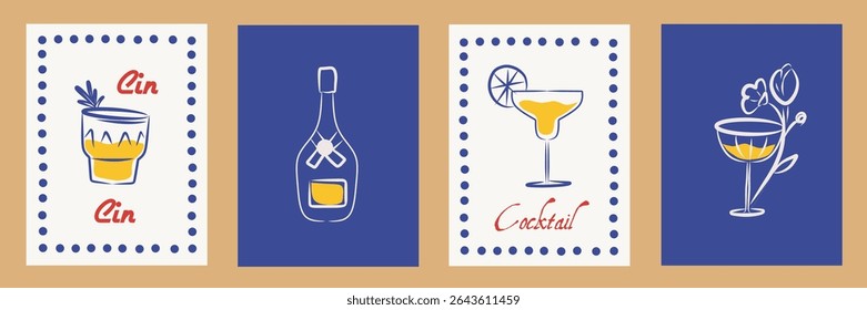 Elegant frame set vector minimal holiday invitation border, feminine doodle print, wine glass, bottle, cocktail, alcohol drinks. Abstract poster design for wedding frame, wall art, branding, poster.