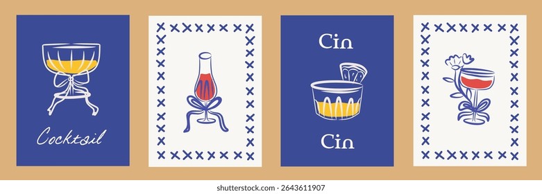 Elegant frame set vector minimal holiday invitation border, feminine doodle print, wine glass, lemon, cocktail, alcohol drinks. Abstract poster design for wedding frame, wall art, branding, poster.