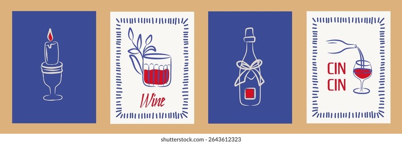 Elegant frame set vector minimal holiday invitation border, feminine doodle print, wine glass, candle, cocktail, alcohol drinks. Abstract poster design for wedding frame, wall art, branding, poster.