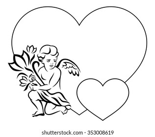 Elegant frame in shape of  heart with outline angel with flowers