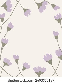Elegant frame of spring violet flowers with soft purple petals and green stems on a light background. Minimalist botanical vector template for greeting cards, invitations, and spring design projects.