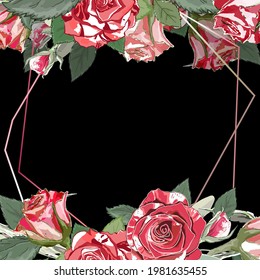 Elegant frame. Square pattern on a black background. Red and white roses with leaves and green branches. Vector illustration. Wedding. Valentine's Day. March 8. Use as greetings, wedding cards, etc.