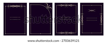 Elegant frame templates on dark backgrounds with vintage flourishes and line elements, for wedding invitations, greeting cards, certificates, branding, posters, menus, and luxury print designs. Vector