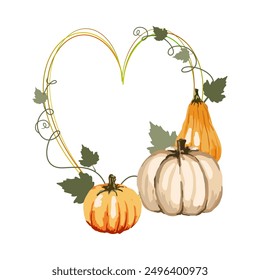 Elegant frame thin design in form of heart. Autumn color palette. Decoration of large white and small orange pumpkins. Leaves, vines, lashes and curls. Vector illustration.