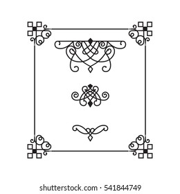 Elegant frame and three vignettes, made in the line style vector. Isolated on the background.Unique swirl borders and dividers for your design.