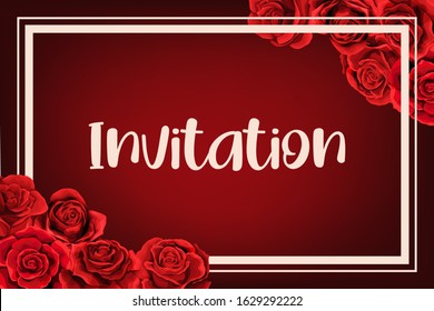 Elegant frame wedding invitation with red rose flower bouquets. Can be used for wedding, notebook cover for girls, events, sign, scrapbook album. Cute vector template in scarlet colors