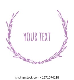 Elegant frame or wreath of lavender  blossom in form of laurel wreath with copy space for wedding card, logo, label. Frame with lavender flowers. Purple. Lilac. Outline. - Vector stock illustration.