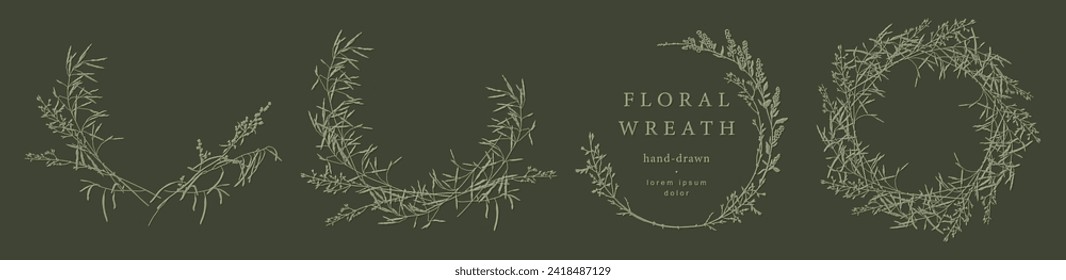 Elegant сircle frames. Floral wreath with hand drawn wild herbs and flowers. Vector vintage botanical illustration for invitation or wedding decor, logo, labels, branding, business identity