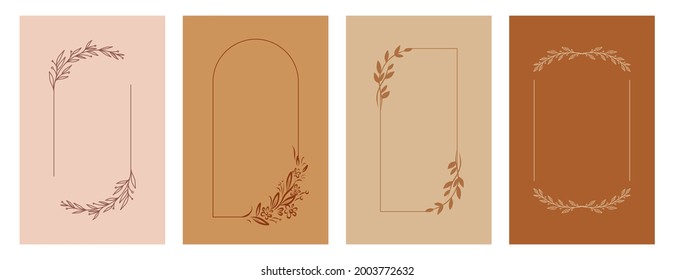 Elegant frames with flowers and leaves, design templates with copy space for text. Vector backgrounds for wedding invitations, greeting cards, wallpapers from social media stories