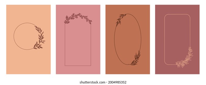 Elegant frames with flowers and leaves, design templates with copy space for text. Vector backgrounds for wedding invitations, greeting cards, wallpapers from social media stories