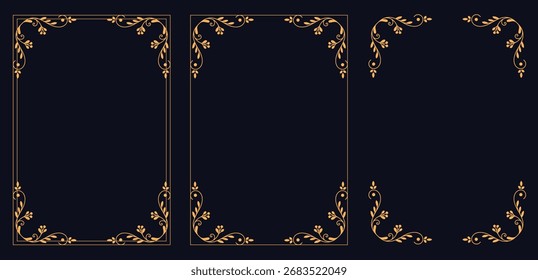 Marcos elegantes en oro: intrincados marcos y bordes dorados, representados con delicados florales y ornamentación, sobre un fondo oscuro. El toque perfecto para diseños de lujo.