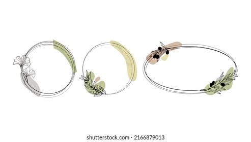 Elegant frames in greece style with abstract elements isolated clip arts bundle, round and oval elegant frames set, floral olive branch decorative designs for text - vector illustrations