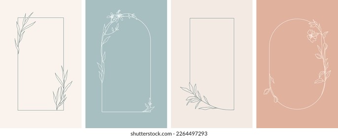 Elegant frames with hand drawn flowers and leaves, design templates in line style. Vector backgrounds for wedding invitations, greeting cards, social media stories, label, corporate identity