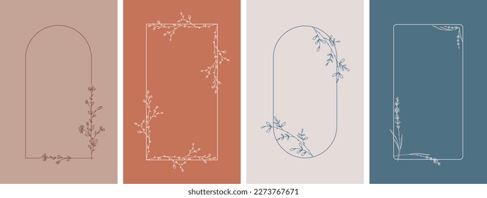 Elegant frames with hand drawn flowers and leaves, design templates in line style. Vector backgrounds for wedding invitations, greeting cards, social media stories, label, corporate identity