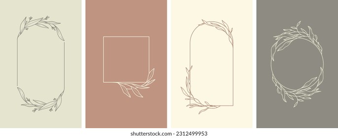 Elegant frames with hand drawn flowers and leaves, design templates in line style. Vector backgrounds for wedding invitations, greeting cards, social media stories, label, corporate identity