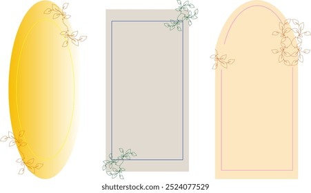 Quadros elegantes com flores desenhadas à mão e folhas, modelos de design em estilo de linha. Planos de fundo vetoriais para convites de casamento, cartões de saudação, histórias de mídias sociais, rótulo, identidade corporativa