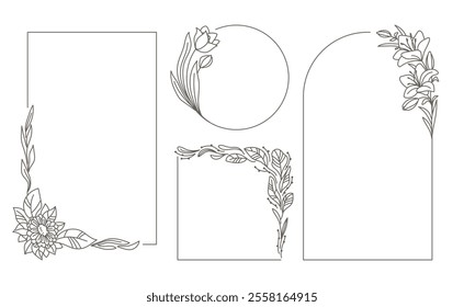 Elegant frames with hand drawn flowers and leaves. Vector design templates in line style. Backgrounds for wedding invitations, greeting cards, social networks