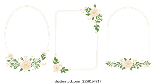 Elegant frames with hand drawn flowers and leaves, doodle line style design templates. Vector backgrounds for wedding invitations, greeting cards, social media