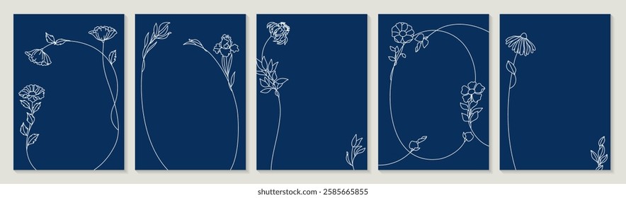 Elegant frames with hand drawn flowers and leaves, design templates in line style. Vector backgrounds for wedding invitations, greeting cards, social media stories, label, corporate identity