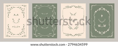 Elegant frames with hand drawn flowers, branches and leaves. Design templates with silhouette elements. Vector illustration for wedding invitation, greeting card, social media, label, branding, save the date