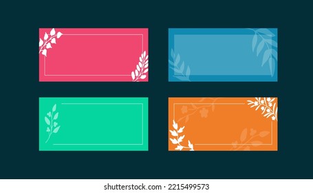Elegant frames with hand drawn silhouettes of twigs for prints, copy space for your text. Simple romantic templates in trendy seasonal color scheme. Modern bio, eco, natural beauty design