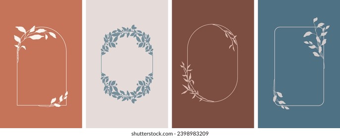 Elegant frames with hand drawn silhouettes of flowers and leaves, design templates in line style. Vector floral backgrounds for wedding invitation, greeting card, label, corporate identity